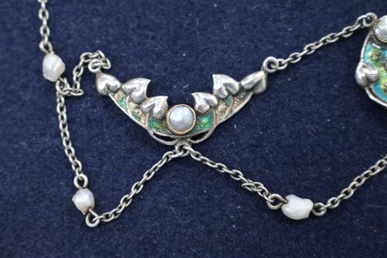 An early 20th century Art Nouveau white metal, enamel and seed pearl necklace, approx. 40cm.